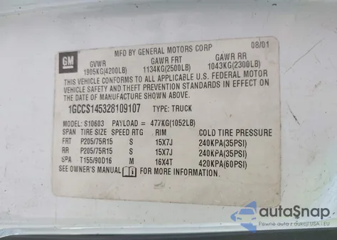 2002 Chevrolet S-10 из США, поврежденный, VIN 1GCCS145328109107